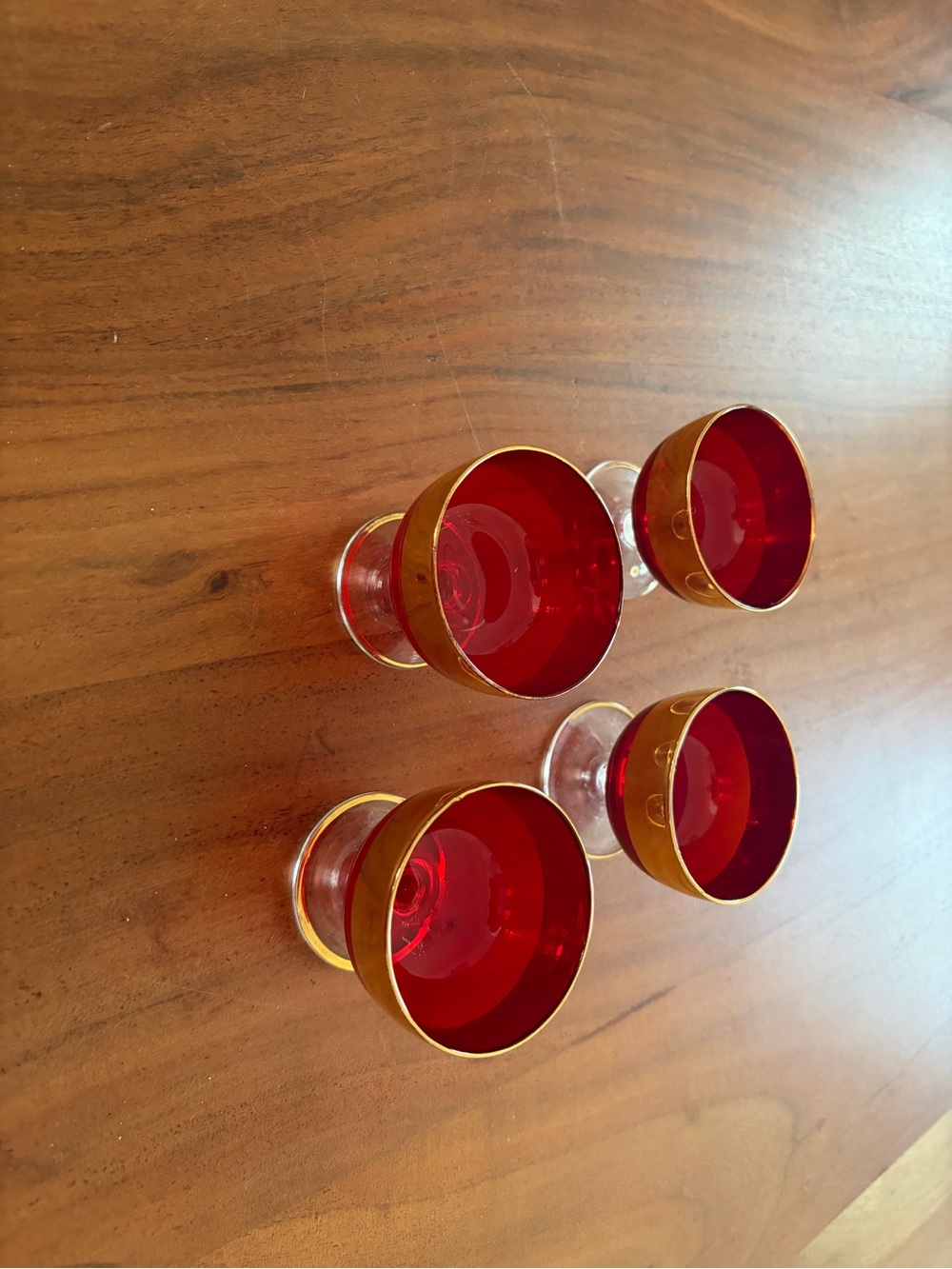 Set of 4 Red Glass Goblets with Gold Trim. MCM champagne, wine, sorbet